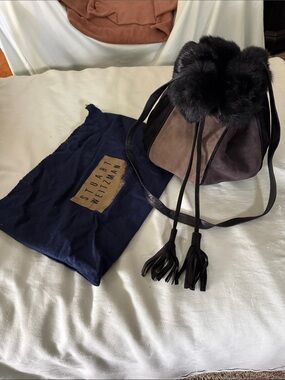 Stuart Weitzman Taupe Suede Drawstring Bucket Bag with Black Fur Trim